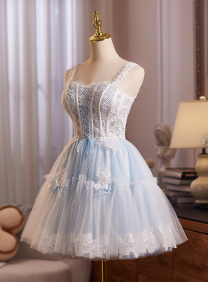 Glam Strap A-Line Tulle Lace Short Prom Dresses, Sky Blue Homecoming Dresses DP3136