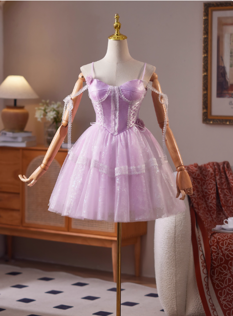Gorgeous Spaghetti Strap A-Line Tulle Short Prom Dresses, Purple Homecoming Dresses DP3137