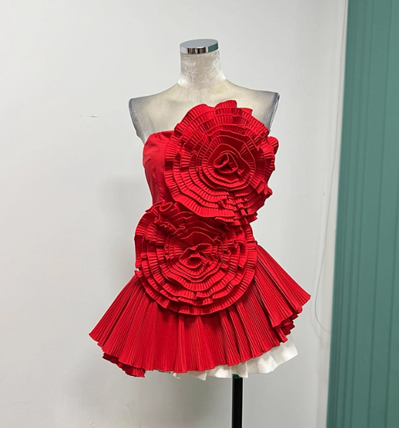Gorgeous Strapless Sheath Two-Piece Short Prom Dresses, Red Pleated Homecoming Dresses DP3138