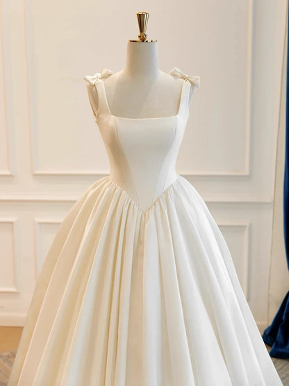 Modest Square Neck A-Line Satin Wedding Dresses Simple Bridal Gowns DP3168