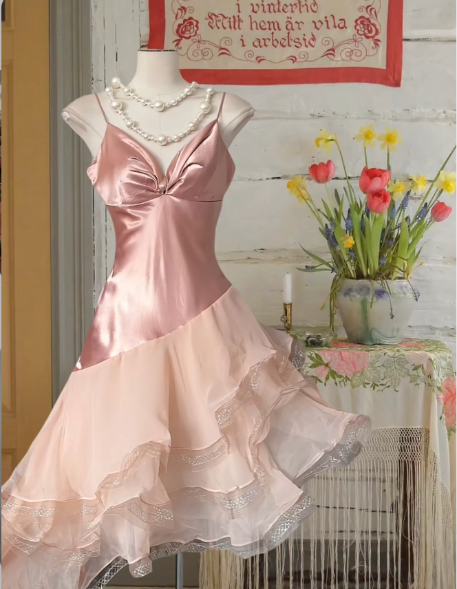 Vintage V neck Sheath Satin Short Prom Dresses, Pink Homecoming Dresses DP3172
