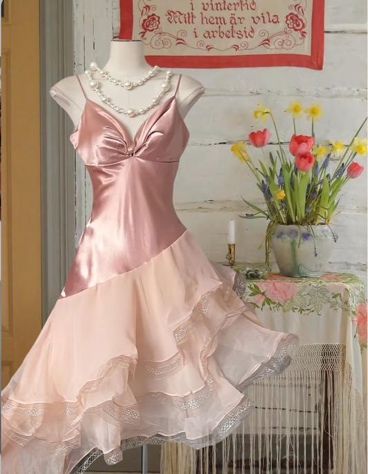 Vintage V neck Sheath Satin Short Prom Dresses, Pink Homecoming Dresses DP3172