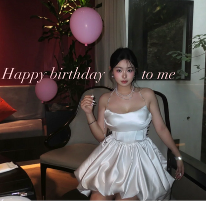 Cute A-Line Satin Birthday Dresses, White Homecoming Dresses DP3175