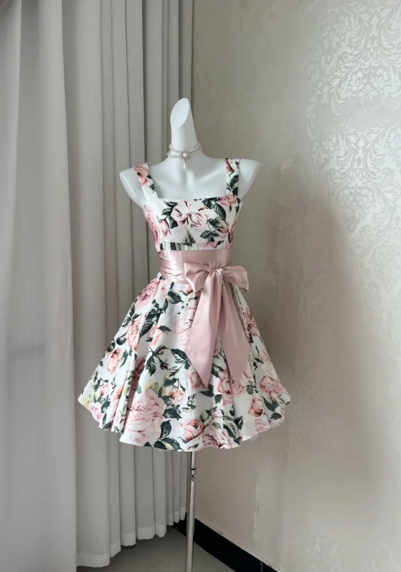 Vintage Square Neck A-Line Birthday Dresses Floral Homecoming Dresses DP3177