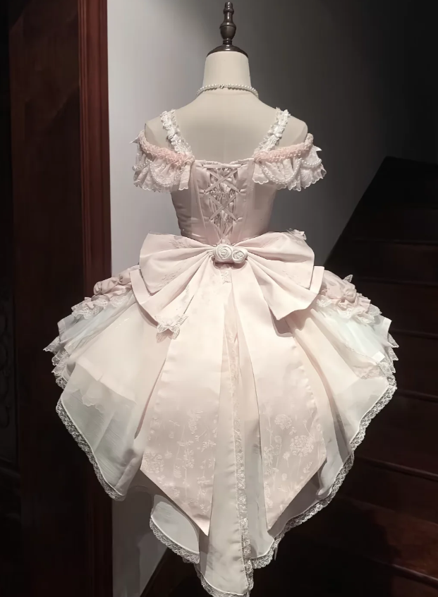 Sweet Straps Ball Gown Lace Birthday Dresses Pink Lolita Dresses DP3179