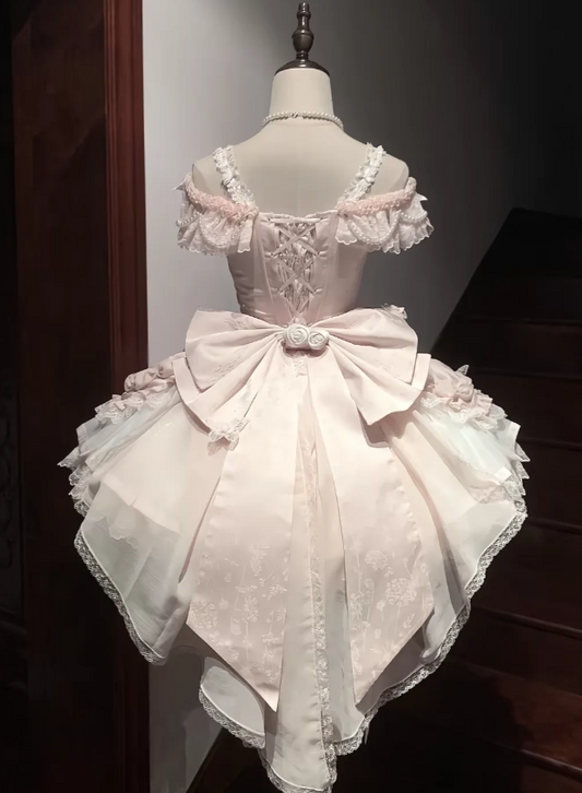 Sweet Straps Ball Gown Lace Birthday Dresses Pink Lolita Dresses DP3179