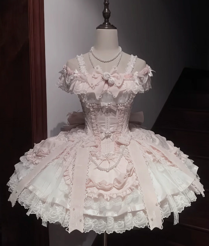 Sweet Straps Ball Gown Lace Birthday Dresses Pink Lolita Dresses DP3179