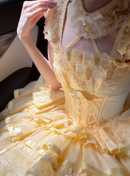 Sweet Square Neck Ball Gown Lace Birthday Dresses Yellow Lolita Dresses DP3180