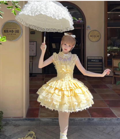 Sweet Square Neck Ball Gown Lace Birthday Dresses Yellow Lolita Dresses DP3180