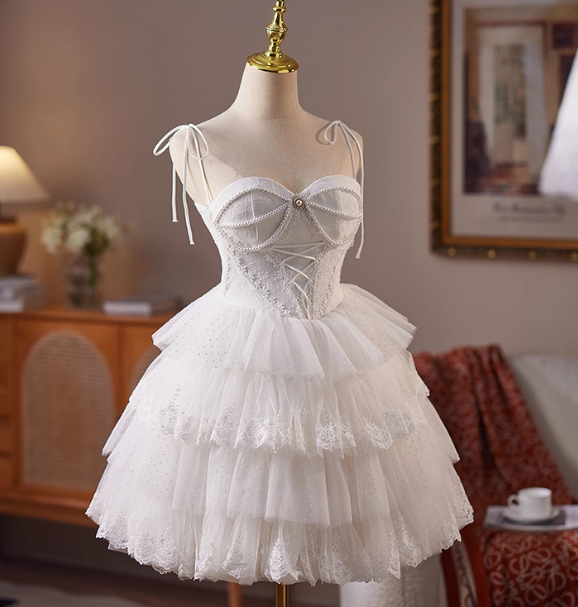 Simple Spaghetti Strap Tulle Lace Wedding Dresses White Short Bridal Gowns DP3184