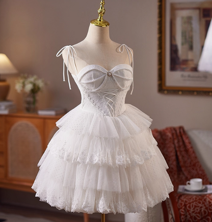 Simple Spaghetti Strap Tulle Lace Wedding Dresses White Short Bridal Gowns DP3184