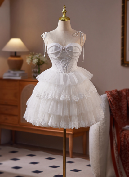 Simple Spaghetti Strap Tulle Lace Wedding Dresses White Short Bridal Gowns DP3184