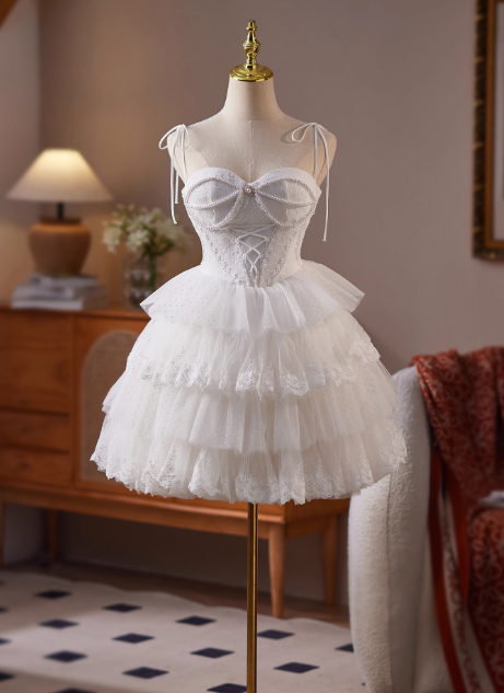 Simple Spaghetti Strap Tulle Lace Wedding Dresses White Short Bridal Gowns DP3184