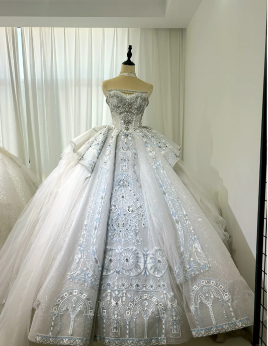 Timeless Strapless Ball Gown Tulle Wedding Dresses White Bridal Gowns DP3185
