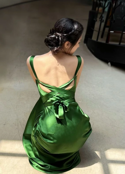Elegant V-neck Sheath Satin Prom Dresses Dark Green Formal Dresses DP3186