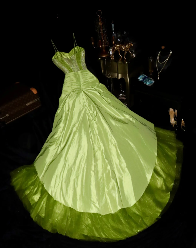 Fairy Spaghetti Strap A-Line Long Prom Dresses Green Evening Dresses DP3187