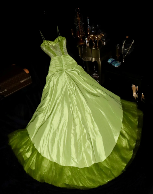 Fairy Spaghetti Strap A-Line Long Prom Dresses Green Evening Dresses DP3187