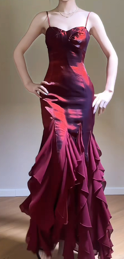 Elegant Spaghetti Strap Sheath Long Prom Dresses Burgundy Evening Dresses DP3188