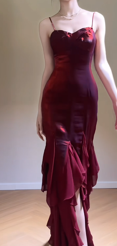 Elegant Spaghetti Strap Sheath Long Prom Dresses Burgundy Evening Dresses DP3188