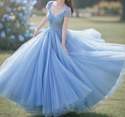 Elegant V-neck A-line Long Prom Dresses Grey Blue Long Formal Dresses DP3189