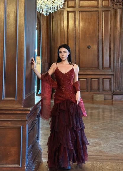 Retro Spaghetti Strap Sheath Long Prom Dresses With Beaded Burgundy Long Formal Dresses DP3190