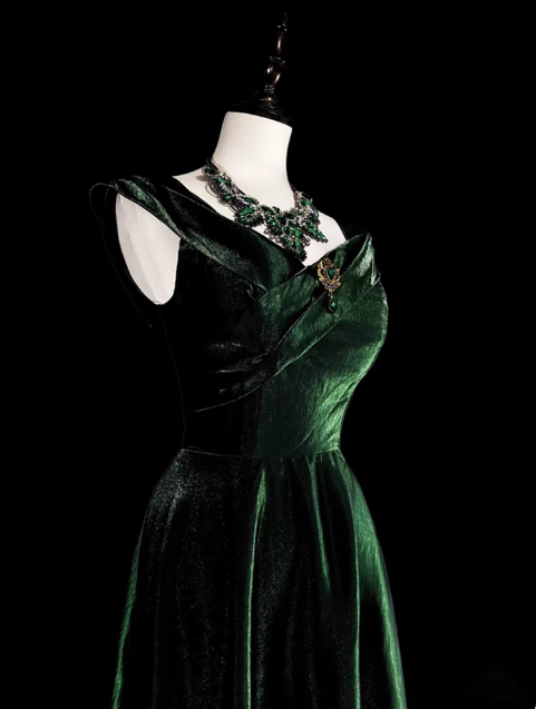 Vintage Sheath Velvet Long Prom Dresses Dark Green Formal Dresses DP3193