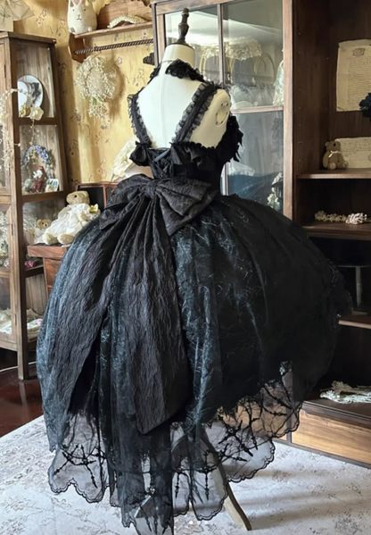 Gothic Strap Ball Gown Lace Bow 18th Birthday Dresses Black Lolita Dress DP3197
