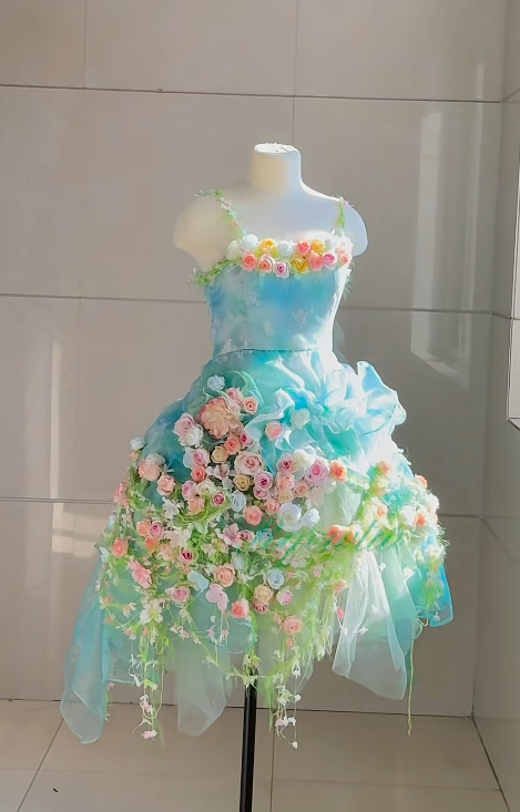 Fairy Spaghetti Strap Ball Gown 3D Floral Tulle Birthday Dresses Pale Blue Lolita Dress DP3199