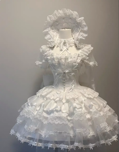 Fairy Square Neck Ball Gown Beaded Lace Cute Birthday Dresses White Lolita Dresses DP3200