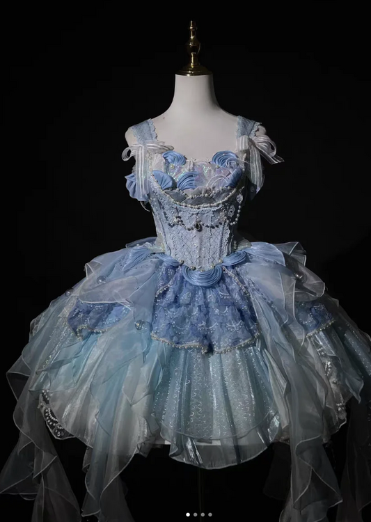 Sweet Strap Ball Gown Tulle Cute Birthday Dresses Blue Lolita Dresses DP3201