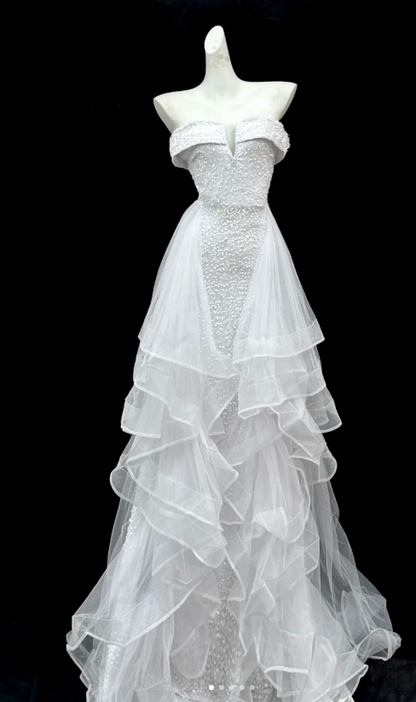 Elegant Strapless A-Line Long Prom Dresses Tulle Sequins White Formal Dresses DP3202