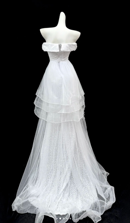 Elegant Strapless A-Line Long Prom Dresses Tulle Sequins White Formal Dresses DP3202