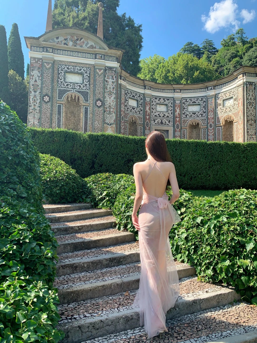 Gorgeous Halter Neck Sheath Evening Dresses Tulle Backless Prom Dresses Light Pink Formal Dresses DP3203