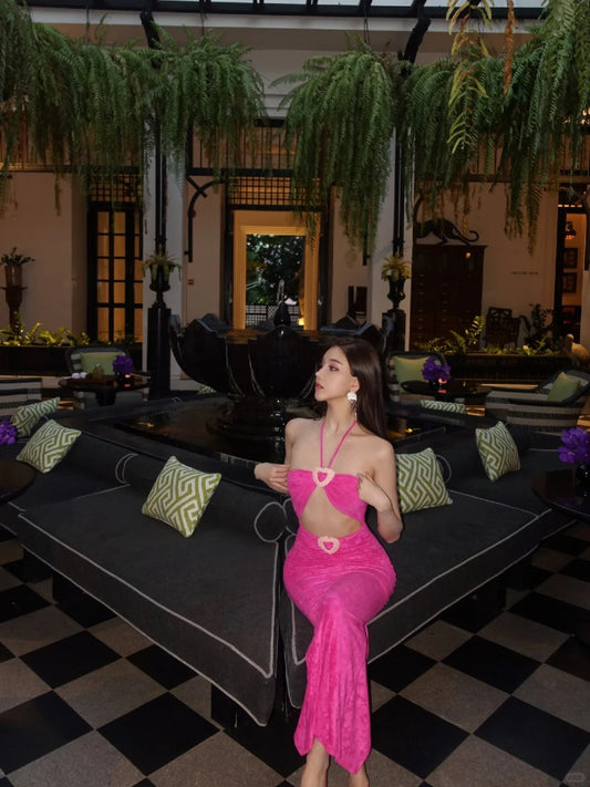 Sexy Halter Neck Sheath Evening Dresses Hot Pink Formal Dresses DP3204