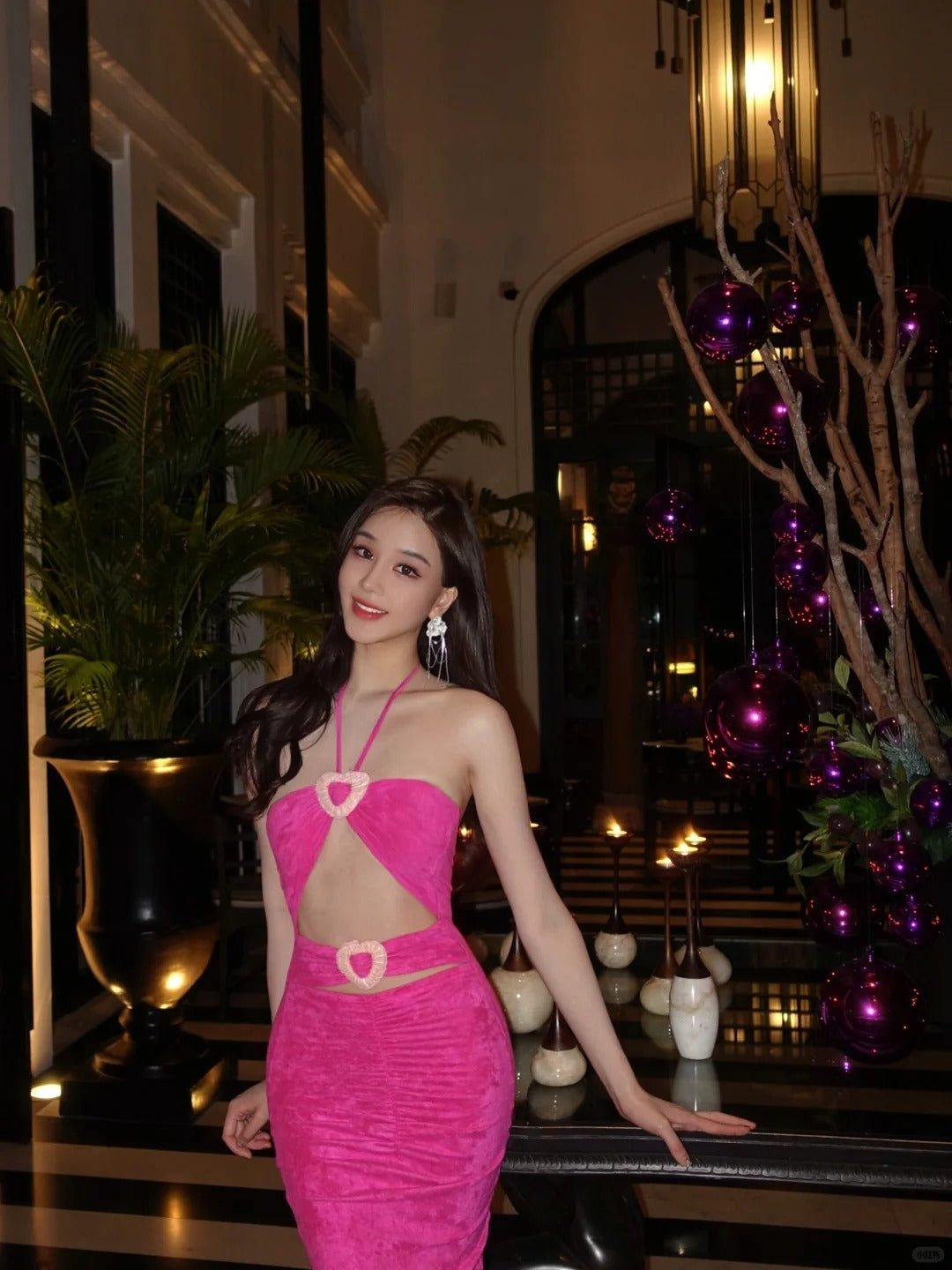 Sexy Halter Neck Sheath Evening Dresses Hot Pink Formal Dresses DP3204