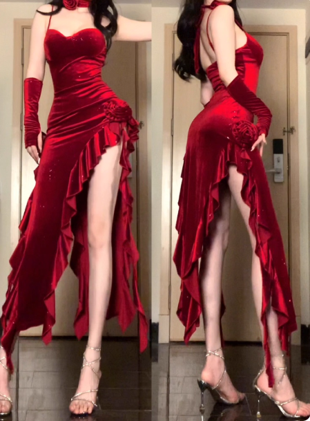 Sexy Spaghetti Strap Velvet Tight Evening Dresses Burgundy Formal Dresses Ruffle New Year's Evening Dresses with Slits DP3205