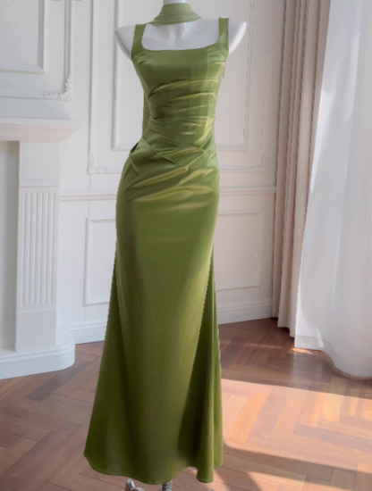 Glam Square Neck Sheath Evening Dresses Satin Green Wedding Guest Dresses DP3207