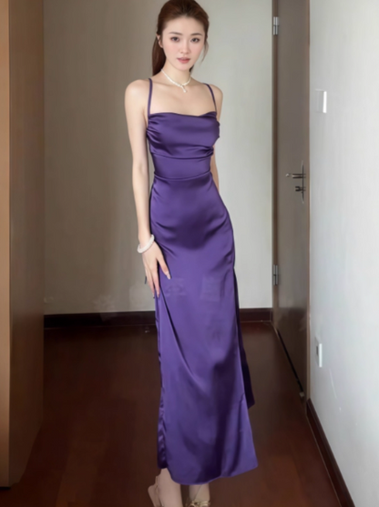 Sexy Spaghetti Strap Sheath Open Back Prom Dresses Satin Purple Formal Dresses with Slits DP3208