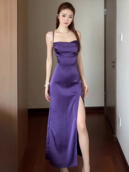 Sexy Spaghetti Strap Sheath Open Back Prom Dresses Satin Purple Formal Dresses with Slits DP3208