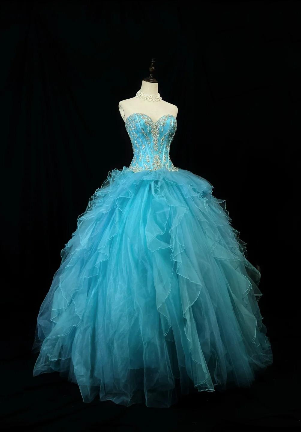 Fairy Sweetheart Ball Gown Tulle Rhinestone Long Prom Dresses Blue Quinceanera Dresses Sweet 16 Dresses  DP3211