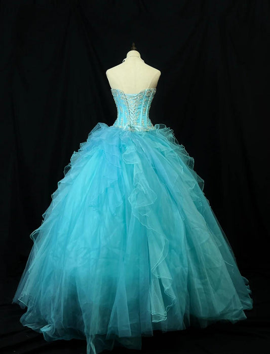 Fairy Sweetheart Ball Gown Tulle Rhinestone Long Prom Dresses Blue Quinceanera Dresses Sweet 16 Dresses  DP3211