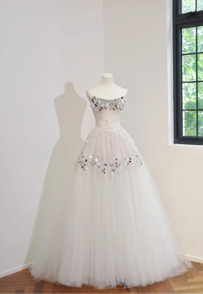 Strapless A-Line Tulle Mirrors Simple Wedding Dresses Sleeveless White Bridal Gowns  DP3212