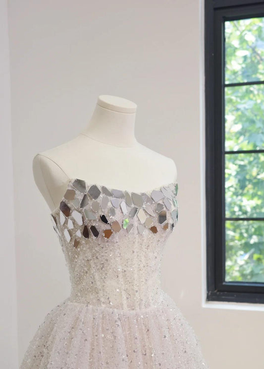 Strapless A-Line Tulle Mirrors Simple Wedding Dresses Sleeveless White Bridal Gowns  DP3212