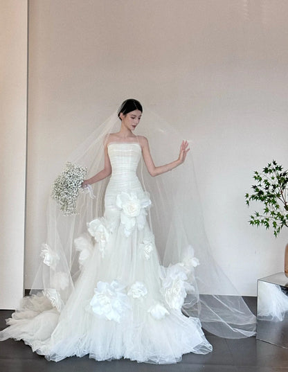 Timeless Strapless Mermaid Tulle Simple Wedding Dresses Sleeveless Ivory Bridal Gowns with Pleats  DP3213