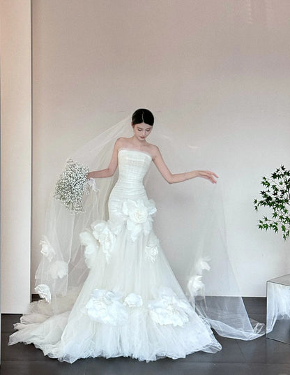 Timeless Strapless Mermaid Tulle Simple Wedding Dresses Sleeveless Ivory Bridal Gowns with Pleats  DP3213