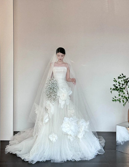 Timeless Strapless Mermaid Tulle Simple Wedding Dresses Sleeveless Ivory Bridal Gowns with Pleats  DP3213