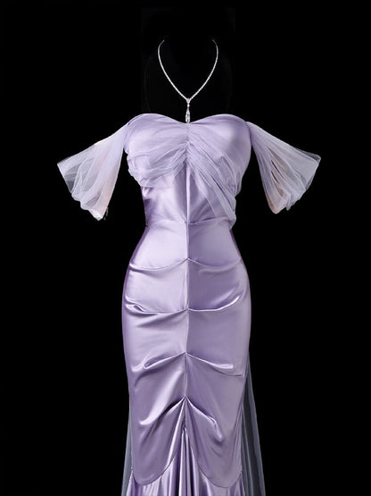Glam Mermaid Long Prom Dresses, Satin Lavender Formal Dresses Off-the-shoulder Evening Dresses DP3218