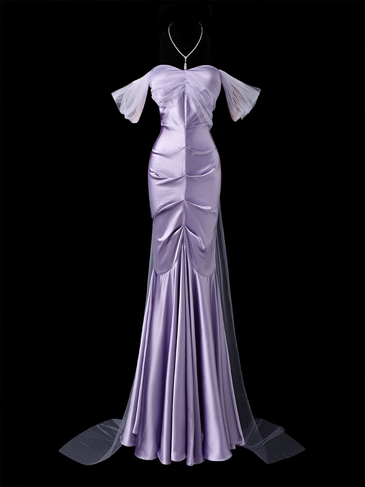 Glam Mermaid Long Prom Dresses, Satin Lavender Formal Dresses Off-the-shoulder Evening Dresses DP3218