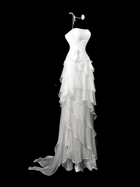 Elegant Strapless Sheath Long Prom Dresses, Chiffon White Evening Gowns DP3219