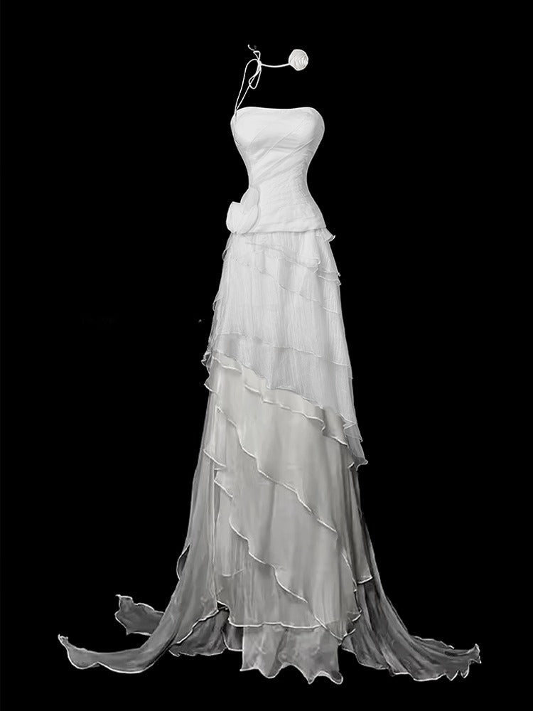 Elegant Strapless Sheath Long Prom Dresses, Chiffon White Evening Gowns DP3219